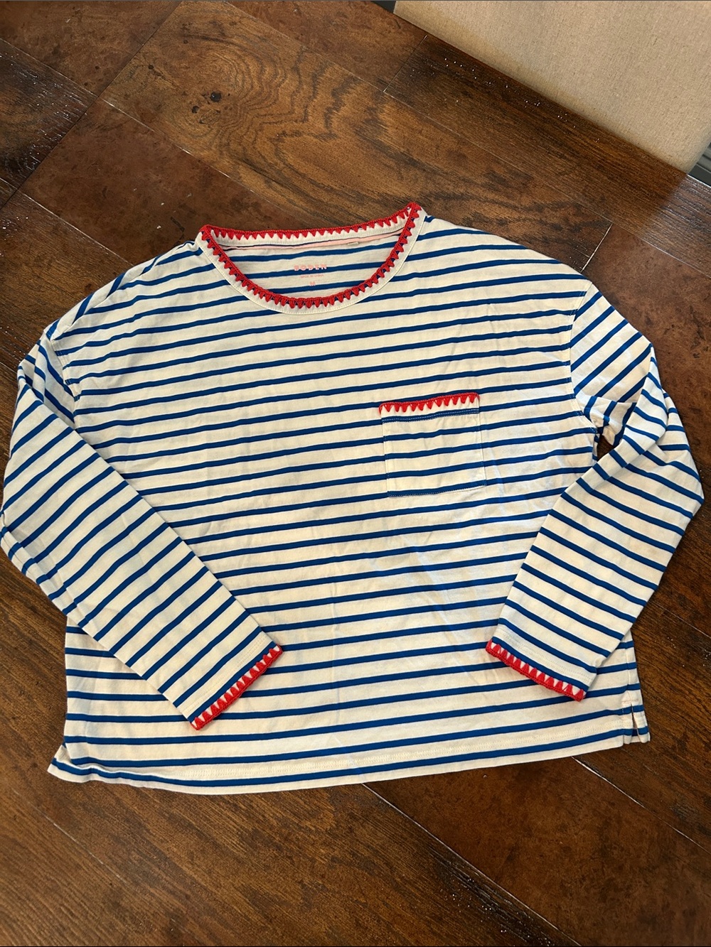 Boden Women's Blue White Striped Top Red Crochet Trim Long Sleeves Boxy Sz M
